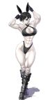 1girl abs absurdres animal_ears armor armpits black_bra black_gloves black_hair black_panties blue_eyes bra breasts cleavage closed_mouth colored_skin eyebrows_hidden_by_hair fake_animal_ears gloves greaves groin highleg highleg_panties highres large_breasts looking_at_viewer muscular muscular_female navel original panties shadow short_hair signature simple_background solo stomach underwear white_background white_skin yincrescent 