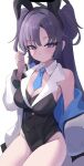  1girl animal_ear_hairband animal_ears arm_behind_back armpits bare_legs bare_shoulders black_halo black_leotard blue_archive blue_necktie blush breasts cleavage collar commentary_request detached_collar facing_viewer fake_animal_ears hairband halo hand_in_own_hair highres jacket jacket_partially_removed large_breasts leotard long_hair looking_down mechanical_halo mixjuice narrow_waist necktie nontraditional_playboy_bunny official_alternate_costume purple_eyes purple_hair rabbit_ear_hairband rabbit_ears red_pupils short_necktie short_twintails simple_background sitting solo strapless strapless_leotard twintails vest waistcoat white_background white_collar white_jacket wide_hips yuuka_(blue_archive) 