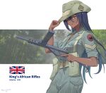  1girl absurdres ammunition_pouch aqua_eyes black_hair british_army chinese_commentary cowboy_hat dark-skinned_female dark_skin english_commentary english_text green_hat green_pants green_shirt gun hat hat_tip highres holding leochan1202 military military_combat_uniform military_rank_insignia military_uniform mixed-language_commentary multilingual_commentary original pants patch pouch shirt short_sleeves shoulder_patch slouch_hat sten_gun submachine_gun trigger_discipline union_jack unit_patch weapon world_war_ii 