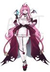  1girl absurdres adoptable ahoge bare_shoulders black_gloves black_horns black_shoes blue_eyes blue_fire blunt_bangs bow cape commentary demon_tail detached_wings english_commentary eyelashes fire footwear_bow full_body gloves hair_intakes hairband highres holding holding_knife horns knife long_hair miclipse open_mouth original pale_skin pantyhose pink_hair pointy_ears red_bow red_cape red_hairband red_pupils red_ribbon ribbon shirt shoes simple_background single_glove smile solo standing tail tail_around_own_leg tail_ornament tail_ribbon teeth upper_teeth_only vampire very_long_hair waist_cape white_background white_pantyhose white_shirt wings 