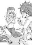  1boy 1girl blush card commentary_request covering_nipples covering_privates fairy_tail graphite_(medium) hat kneeling lucy_heartfilia mashima_hiro natsu_dragneel navel playing_card strip_game strip_poker sweat thighs topless_female traditional_media 