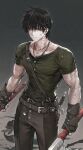  1boy :/ after_battle animal arm_guards armor arms_at_sides axe battle_axe belt belt_buckle black_gloves black_hair blood blood_on_arm blood_on_face blood_on_weapon blood_splatter brown_belt brown_pants buckle bug buttons closed_mouth collarbone colored_blood commentary cowboy_shot cropped dual_wielding english_commentary fantasy fingerless_gloves gloves green_blood green_shirt grey_background hair_between_eyes harten_sieg_filbrio highres holding holding_axe holding_weapon jewelry jun_(navigavi) leather leather_armor leather_gloves looking_to_the_side male_focus monster multiple_scars muscular muscular_male necklace nose original oversized_animal pants pectoral_cleavage pectorals scar scar_on_arm scar_on_chin scar_on_face scar_on_neck scar_on_nose scoop_neck shadow sheath sheathed shirt short_hair short_sleeves simple_background solo standing sword veins veiny_arms weapon yellow_eyes 