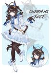  1girl animal_ears black_gloves black_hair black_pantyhose blue_eyes blue_necktie boots daring_tact_(racing)_(umamusume) daring_tact_(umamusume) dress full_body gloves highres horse_ears horse_girl horse_tail looking_at_viewer necktie pantyhose sd2073483031466 short_hair standing tail umamusume white_boots white_dress 