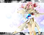  1girl :d blush bow breasts brown_cape brown_dress brown_gloves cape chisaki_(apple_custard) commentary_request dress feet_out_of_frame floating_hair fur-trimmed_cape fur-trimmed_gloves fur_trim gloves hair_bow hand_in_own_hair high_wizard_(ragnarok_online) holding holding_staff lace_trim layered_dress long_hair looking_at_viewer medium_breasts open_mouth pink_hair ponytail purple_eyes ragnarok_online red_bow short_dress smile solo staff standing strapless strapless_dress two-tone_dress web_address white_dress 