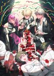  3boys 3girls absurdres alien_stage anniversary black_dress black_hair black_jacket black_necktie blonde_hair blood bow cake chest_bow chocorocotan confetti dark-skinned_female dark_skin dress english_commentary flower food grey_hair highres hyuna_(alien_stage) ivan_(alien_stage) jacket layer_cake luka_(alien_stage) mizi_(alien_stage) multiple_boys multiple_girls necktie pink_hair red_flower spotlight sua_(alien_stage) suit_jacket till_(alien_stage) white_bow white_dress 