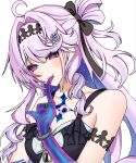  1girl ahoge arm_strap bare_shoulders black_ribbon blue_hair blue_hands blue_streaks blush bracelet breasts bright_pupils cleavage closed_mouth collarbone colored_extremities colored_inner_hair commentary constellation constellation_print denia_(breakdown)_(wuthering_waves) denia_(wuthering_waves) drill_hair drill_sidelocks evil_smile finger_to_mouth flipped_bangs furrowed_brow gradient_eyes hair_intakes hair_ornament hair_ribbon hand_up highres hole_in_chest hole_on_body index_finger_raised innertube jewelry long_hair looking_at_viewer medium_breasts middle_ring multicolored_eyes multicolored_hair one_side_up paper_doll_chain pink_hair purple_eyes raised_inner_eyebrows ribbon ring roratann3678 sidelocks simple_background sleeveless smile solo starry_hair streaked_hair swim_ring tacet_mark_(wuthering_waves) two-tone_hair upper_body white_background white_pupils wuthering_waves 