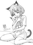  2girls animal_ears barefoot cat_ears cat_girl cat_tail character_doll commentary_request doll eila_ilmatar_juutilainen highres hug monochrome multiple_girls naruchiku_(naruchikukai) no_pants open_mouth sanya_v._litvyak shirt short_hair simple_background sitting strike_witches tail world_witches_series 