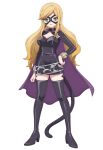  1girl anime_coloring arm_at_side black_boots black_dress black_mask black_tail blonde_hair boots breasts cape cleavage cleavage_cutout closed_mouth clothing_cutout diamond_cutout dress eye_mask full_body green_eyes hand_on_own_hip high_heel_boots high_heels highres long_hair long_sidelocks looking_at_viewer magical_girl mahou_shoujo_ikusei_keikaku mahou_shoujo_ikusei_keikaku_restart mask masked_wonder official_art purple_cape second-party_source short_dress sidelocks simple_background smile solo standing thigh_boots transparent_background 