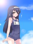  1girl arms_at_sides ass_visible_through_thighs bare_arms black_hair blue_one-piece_swimsuit blue_sky brown_eyes brown_hair closed_mouth cloud commentary_request day flat_chest from_side girls_und_panzer hairband long_hair looking_at_viewer name_tag old_school_swimsuit one-piece_swimsuit reizei_mako sako_(bosscoffee) school_swimsuit shiny_skin sidelocks sky solo standing sun swimsuit translated wet white_hairband 
