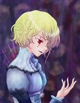  blonde_hair expressionless hikari_no_valusia hilde_lome_d'arc juliet_sleeves lipstick long_sleeves makeup naka_(ez) puffy_sleeves purple_background red_eyes short_hair solo steampunk_(liarsoft) 