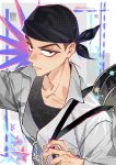  1boy absurdres akiyama_jan artist_name avocado_chun backpack bag bandana black_bandana black_shirt border closed_mouth collarbone commentary_request eyeliner fang grey_jacket highres jacket long_sleeves makeup male_focus shirt solo tetsunabe_no_jan! upper_body white_border 