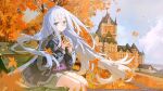  1girl autumn autumn_leaves bench blue_eyes blue_jacket blurry blurry_foreground closed_mouth cloud cloudy_sky commentary copyright_notice day english_commentary falling_leaves floating_hair grey_hair grey_shorts guest_art hair_between_eyes highres holding jacket kuroduki leaf long_hair long_hair_between_eyes long_sleeves looking_at_viewer maple_leaf meat_pie official_art on_bench open_clothes open_jacket outdoors project_sekai purple_shirt second-party_source shirt shorts sidelocks sitting sky smile solo straight_hair track_jacket tree very_long_hair yoisaki_kanade 