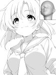  1girl blunt_ends blush breasts closed_mouth commentary_request greyscale hair_between_eyes highres higurashi_no_naku_koro_ni medium_breasts monochrome necktie niyane parted_bangs reference_inset ryuuguu_rena sailor_collar school_uniform serafuku shirt short_hair short_sleeves simple_background smile solo upper_body white_background 