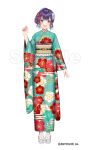  1girl :d aqua_kimono commentary company_name copyright_notice egasumi floral_print floral_print_kimono flower full_body hair_flower hair_ornament hairclip hand_up japanese_clothes kimono long_sleeves looking_at_viewer nail_polish nanase_suzuna nanase_suzuna_(4th_costume) nijisanji obi obijime official_art open_mouth plum_blossom_print print_kimono purple_hair red_flower red_nails sample_watermark sandals sash short_hair simple_background smile solo tabi takayama_shinobu virtual_youtuber watermark white_background white_sandals yellow_eyes 