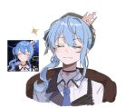  1girl asymmetrical_sidelocks beret blue_hair choker closed_eyes closed_mouth comparison crown facing_viewer flat_chest hair_between_eyes hair_ornament half-jacket hat hololive hoshimachi_suisei hoshimachi_suisei_(14th_costume) jacket mini_crown official_alternate_costume pendant_choker plaid_clothes plaid_jacket reference_inset ribbon sakgi screenshot_inset shirt short_hair side_ponytail sidelocks simple_background smile smug solo star_(symbol) star_choker star_pendant virtual_youtuber white_background white_shirt 