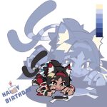  1girl animal_ear_fluff animal_ears black_hair cable cable_tail cat_ears cat_girl chibi chibi_only commentary_request full_body hairband happy_birthday highres mechanical_tail multiple_tails nekomiya_mana open_mouth red_hairband solo tail tears two_tails washan zenless_zone_zero 