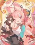  1girl absurdres aiza-ku anger_vein animal animal_ear_fluff animal_ear_piercing animal_ears animal_hands apple artist_name black_skirt blush body_fur braid bright_pupils cake cake_slice carrot cat chinese_commentary claws coffee commentary_request creature cup cupcake donut ear_piercing food fruit furry furry_female hair_ornament hairclip heart highres holding holding_animal holding_cat holding_creature jewelry long_hair long_sleeves looking_at_viewer one_eye_closed open_mouth pawpads piercing pink_hair rabbit rabbit_ears rabbit_girl red_eyes red_ribbon ribbon shirt skirt smile solo spoken_anger_vein tail teacup teeth twin_braids upper_teeth_only very_long_hair white_pupils zenless_zone_zero zhao_(zenless_zone_zero) 