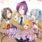  5girls :d ;d bang_dream! bang_dream!_girls_band_party! black_hair blonde_hair blue_hair blue_necktie blue_skirt brown_dress commentary dated diagonal-striped_clothes diagonal-striped_necktie dress fang gift green_ribbon grey_eyes grey_jacket group_hug hair_ornament hair_ribbon hairclip hanasakigawa_school_uniform haneoka_school_uniform happy_birthday highres holding holding_gift hug jacket kitazawa_hagumi long_hair matsubara_kanon medium_hair multiple_girls neck_ribbon necktie okusawa_misaki one_eye_closed one_side_up open_mouth orange_hair ponytail purple_hair red_eyes red_ribbon ribbon sailor_collar sailor_dress school_uniform seta_kaoru skirt smile striped_clothes striped_necktie succhii_(pikaru) translation_request tsurumaki_kokoro white_background white_sailor_collar yellow_eyes 