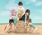  1boy 4girls alternate_costume alternate_hairstyle aubrey_(faraway)_(omori) aubrey_(omori) barefoot beach black_eyes black_hair black_one-piece_swimsuit blue_eyes blue_one-piece_swimsuit blue_ribbon blue_sky blush breasts brown_hair bucket building_sand_sculpture collarbone commentary_request day dendenmushi1064 hair_ribbon hands_on_own_knees highres holding holding_bucket holding_trowel kneeling leaning_forward multiple_girls ocean omori one-piece_swimsuit open_mouth outdoors pancake_bunny_(omori) parted_lips pink_hair ponytail red_one-piece_swimsuit ribbon sand sand_sculpture short_hair sidelocks sky small_breasts smile squatting sunny_(omori) swimsuit topless_male trowel water 