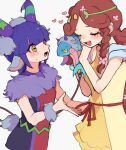  2girls animal black_dress blunt_bangs bracelet braid braided_sidelocks brown_hair circlet closed_eyes commentary_request cowboy_shot dabih_(puyopuyo) dress fish flower flying_fish fur_bracelet fur_wrist_cuffs green_horns hair_flower hair_ornament hands_up heart highres holding holding_animal holding_fish horizontal_pupils horns jewelry long_hair looking_at_another multicolored_horns multiple_girls open_mouth pink_flower purple_hair purple_horns puyopuyo puyopuyo_quest red_tabard sheep_girl sheep_horns sheep_tail short_hair sidelocks simple_background sleeveless sleeveless_dress smile spica_(puyopuyo) standing sweatdrop tabard tail two-tone_horns urolo white_background wrist_cuffs yellow_dress yellow_eyes 