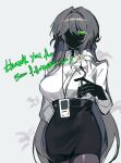  1girl absurdres arm_behind_back black_skirt breasts collared_shirt colored_eyelashes commentary cowboy_shot english_text flower green_eyes grey_background grey_hair highres holding holding_flower id_card kuroyurihime_(munji412) large_breasts lily_(flower) long_hair milestone_celebration munji412 no_mouth no_nose one-eyed original pantyhose pencil_skirt shirt simple_background skirt solo untranslatable_commentary white_eyelashes white_flower 