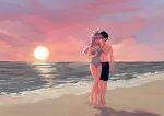  1boy 1girl absurdres antenna_hair aubrey_(faraway)_(omori) aubrey_(omori) barefoot beach black_hair black_swim_trunks blue_eyes blue_hairband blue_one-piece_swimsuit blush breasts cloud collarbone commentary_request dendenmushi1064 footprints hairband hand_on_another's_shoulder highres long_hair looking_at_another male_swimwear ocean omori one-piece_swimsuit one_eye_closed open_mouth outdoors pink_hair sand short_hair sidelocks small_breasts smile standing sunny_(omori) sunset swim_trunks swimsuit topless_male water 