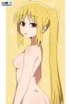  1girl :p ahoge artist_name ass blonde_hair bluesky_logo blush bocchi_the_rock! breasts commentary completely_nude fanbox_logo heart ijichi_nijika long_hair looking_at_viewer mixed-language_commentary nipples nude patreon_logo pixiv_logo red_eyes side_ponytail small_breasts solo tongue tongue_out tsuranukko twitter_x_logo very_long_hair yellow_background 