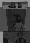  2boys absurdres adjusting_clothes adjusting_necktie bed bedroom blood collared_shirt commentary_request dark heathcliff_(project_moon) highres indoors killerohan limbus_company long_sleeves male_focus meursault_(project_moon) multiple_boys necktie parted_lips project_moon scar scar_on_face seven_association_south_(identity)_(project_moon) seven_association_south_uniform shirt sleeping squeans vest 