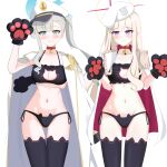  2girls absurdres aiguillette animal_cutout animal_ear_legwear animal_ears animal_hands apholis aqua_halo arm_under_breasts bell belt_collar beret black_bra black_panties blonde_hair blonde_student_council_president_(blue_archive) blue_archive blush bra breasts cat_cutout cat_ear_legwear cat_ear_panties cat_ears cat_lingerie cleavage cleavage_cutout clothing_cutout coat coat_on_shoulders collar cowboy_shot embarrassed epaulettes frilled_bra frills gloves halo hat highres long_single_sidelock looking_at_viewer minato_(blue_archive) multicolored_hair multicolored_halo multiple_girls neck_bell nervous_sweating panties paw_gloves peaked_cap red_halo shoulder_strap side-tie_panties side_ponytail single_epaulette smile sweat two-tone_halo underwear white_background white_halo white_hat 