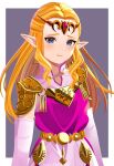  1girl armor belt blonde_hair blue_eyes blush border bozu_ka breasts circlet closed_mouth commentary_request dress earrings elbow_gloves gloves gold_armor gold_belt gold_earrings grey_background highres jewelry long_hair looking_at_viewer medium_breasts pink_dress pointy_ears princess_zelda sad shoulder_armor sidelocks solo the_legend_of_zelda the_legend_of_zelda:_ocarina_of_time two-tone_dress upper_body white_border white_dress white_gloves 