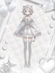  1girl :3 animal_ear_fluff animal_ears balloon bell blunt_bangs blush boots bow breasts cat_ears cat_girl cat_tail cat_zipper chino_(valis) chocoan commentary_request detached_collar detached_sleeves dress frilled_boots frilled_dress frilled_footwear frilled_sleeves frills grey_eyes hair_ornament highres kamitsubaki_studio lace-up_boots long_sleeves looking_at_viewer maid_headdress o-ring official_alternate_costume official_art short_hair sinsekai_record sleeveless sleeveless_dress sleeves_past_wrists small_breasts solo tail tail_bell tail_ornament thigh_boots thigh_strap valis_(sinsekai) wavy_hair white_boots white_bow zipper zipper_pull_tab 
