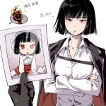  1girl 1other absurdres baby black_coat black_hair chinese_commentary coat coat_on_shoulders commentary_request crossed_arms dante_(limbus_company) enioreh highres holding holding_photo limbus_company photo_(object) project_moon red_eyes ryoshu_(project_moon) shirt short_hair smoking white_shirt 