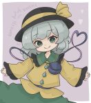  1girl black_hat border character_name closed_mouth commentary disembodied_linked_eye green_eyes green_skirt grey_background harukairo hat hat_ribbon heart heart_of_string komeiji_koishi long_sleeves looking_at_viewer medium_hair ribbon shirt skirt smile solo touhou untranslatable_commentary white_border yellow_ribbon yellow_shirt 