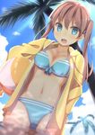  ball beach beachball bikini blue_eyes blush breasts brown_hair cleavage cloud day highres hood hood_down hoodie long_hair medium_breasts midriff navel open_clothes open_hoodie original outdoors samegami sky smile solo swimsuit tree twintails wading 