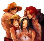  2014 3boys bad_id bad_pixiv_id bandana black_hair blush closed_eyes dated facial_hair freckles grin happy_birthday hat jewelry long_hair makino_(one_piece) monkey_d_luffy multiple_boys necklace one_piece portgas_d_ace red_hair scar scar_across_eye shanks shirtless short_hair simple_background smile straw_hat tsuyomaru white_background 