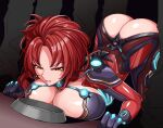  1girl absurdres all_fours angry armored_bodysuit ass bdsm bodysuit bowl breasts cleavage commentary defeat edenmaniac english_commentary highres honkai_(series) honkai_impact_3rd large_breasts murata_himeko murata_himeko_(scarlet_fusion) orange_eyes pet_bowl red_bodysuit red_hair scowl slave solo top-down_bottom-up 
