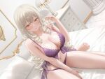  1girl absurdres bare_shoulders bed bedroom blonde_hair blush breasts closed_mouth drill_hair highres indoors lamp large_breasts long_hair looking_at_viewer nail_polish navel negligee on_bed original panties pillow pink_lips purple_negligee purple_panties see-through_clothes sitting solo suzuame_yatsumi underwear voice_drama_available wariza yellow_eyes 