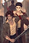  4boys barbed_wire baseball_bat black_hair brown_coat brown_hair coat collared_shirt commentary dead_rabbits_(identity)_(project_moon) green_eyes heathcliff_(project_moon) highres holding holding_baseball_bat killerohan limbus_company male_focus meursault_(project_moon) multiple_boys open_mouth project_moon purple_eyes shirt sweat tying white_shirt 