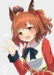  1girl absurdres animal_ears aston_machan_(flare)_(umamusume) aston_machan_(umamusume) black_bow black_bowtie blush bow bowtie breasts brown_hair commentary_request crown green_eyes highres horse_ears horse_girl jacket long_sleeves looking_at_viewer mashiroken07 mini_crown open_mouth red_nails red_sash red_scrunchie red_sleeves sash scrunchie shirt shoulder_sash skirt smile solo tilted_headwear umamusume upper_body white_jacket white_shirt 