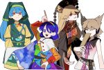  4girls 950magi618 apron black_dress black_hat blonde_hair blue_hair cape chinese_clothes commentary_request crescent_print dalachi_(headdress) dress earmuffs green_apron green_headscarf grin hairband haniyasushin_keiki hat headscarf highres jewelry junko_(touhou) long_hair long_sleeves magatama magatama_necklace multicolored_dress multicolored_hairband multiple_girls neck_ribbon necklace patchwork_clothes pointing pointing_down pointing_up pointy_hair purple_eyes purple_hair purple_ribbon rainbow_gradient rainbow_hairband red_eyes red_tabard ribbon ritual_baton shirt simple_background single_strap sky_print sleeveless sleeveless_shirt smile stage_connection tabard tenkyuu_chimata tenkyuu_chimata_pose touhou toyosatomimi_no_miko two-sided_cape two-sided_fabric white_background white_cape wide_sleeves yellow_dress yellow_eyes yellow_ribbon 