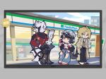  1girl 2boys ahoge animal_ears black_jacket black_necktie black_pants blonde_hair blue_hat blue_pants body_fur brown_coat candy chibi chibi_only coat collared_shirt commentary_request crop_top cup denim ellen_joe eyewear_on_head fins fish_tail food furry furry_male green_eyes hand_in_pocket hat heterochromia holding holding_candy holding_cup holding_food holding_newspaper hugo_vlad jacket jeans lollipop long_hair mole mole_under_eye multiple_boys muzzle_(mask) necktie newspaper official_alternate_costume open_mouth outdoors pants prosthesis prosthetic_leg red_coat red_eyes shark_girl shark_tail shirt smile tail tail_belt torn_clothes torn_jeans torn_pants von_lycaon washan white_fur wolf_boy wolf_ears wolf_tail zenless_zone_zero 