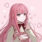  1girl bloom_poetry_(shining_nikki) bow bowtie brown_eyes brown_pupils chinese_commentary closed_mouth clothes_writing collared_shirt commentary_request dress eyelashes frilled_shirt_collar frilled_sleeves frills hand_up happy heart high_collar highres jiumo_(pixiv_32921912) light_blush lipstick long_hair long_sidelocks long_sleeves makeup nikki_(nikki) nikki_(series) pinafore_dress pink_background pink_dress pink_hair pink_lips plaid_clothes plaid_dress pointy_nose red_bow red_bowtie shining_nikki shirt sidelocks simple_background sleeveless sleeveless_dress sleeves_past_wrists smile solo striped_clothes striped_shirt upper_body vertical-striped_clothes vertical-striped_shirt very_long_hair wavy_hair white_shirt 