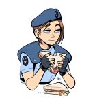  1girl beret blue_eyes blue_hat blue_shirt brown_hair food hat holding holding_food holding_sandwich jill_valentine resident_evil resident_evil_1 sandwich shirt short_hair signature simple_background vashperado white_background 