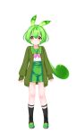  1girl absurdres arms_at_sides black_socks blush_stickers bow bowtie bright_pupils buttons cardigan closed_mouth double-parted_bangs edomura_niniko full_body green_cardigan green_hair green_sailor_collar green_shoes green_shorts hair_between_eyes highres legwear_garter long_hair long_sleeves low_ponytail official_art open_cardigan open_clothes orange_eyes pink_bow pink_bowtie ponytail sailor_collar school_uniform serafuku shirt shoes shorts simple_background sleeves_past_wrists socks solo standing transparent_background v-shaped_eyebrows voicevox white_pupils white_shirt zundamon 