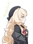  1girl beret bigmt_kid black_coat black_hat black_shirt blonde_hair blue_archive bow chest_bow closed_mouth coat coat_partially_removed commentary fluffy_hair from_side green_eyes hair_between_eyes halo hat highres long_hair looking_ahead open_clothes open_coat professor_niyaniya_(blue_archive) profile red_bow shirt sidelocks simple_background smile solo upper_body very_long_hair white_background yellow_halo 
