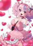  1girl ahoge bell breasts candy cleavage demon_girl demon_horns dress fluffy_hair food frilled_dress frills hair_bell hair_ornament head_wings heart heart-shaped_food heart-shaped_lollipop heart_ahoge heart_in_eye heterochromia highres horns ironmouse ironmouse_(cotton_candy) large_breasts lollipop looking_at_viewer multicolored_hair open_mouth pink_dress pink_hair pink_sleeves purple_eyes purple_hair red_eyes shaped_lollipop svnnydraw symbol_in_eye tail twintails virtual_youtuber vshojo white_horns wings 