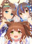  3girls \m/ absurdres animal_ears aston_machan_(umamusume) blue_eyes blue_hair blush bow bowtie breasts brown_hair closed_mouth commentary_request crown daitaku_helios_(umamusume) double_w ear_covers facial_tattoo green_eyes grin hair_between_eyes hair_ornament hairclip highres horse_ears horse_girl long_hair mashiroken07 mejiro_palmer_(umamusume) multicolored_hair multiple_girls open_mouth pleated_skirt ponytail puffy_short_sleeves puffy_sleeves purple_bow purple_bowtie purple_shirt sailor_collar sailor_shirt school_uniform shirt short_sleeves side_ponytail skirt smile star_(symbol) star_hair_ornament streaked_hair tattoo teeth tracen_school_uniform umamusume w white_hair white_sailor_collar white_skirt yellow_eyes 