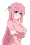  1girl absurdres arm_under_breasts blue_eyes blush bocchi_the_rock! breasts closed_mouth commentary_request cube_hair_ornament eyes_visible_through_hair gotoh_hitori hair_between_eyes hair_ornament hand_on_own_arm highres jacket large_breasts long_hair long_sleeves looking_at_viewer open_clothes open_jacket pink_hair pink_jacket side_ahoge sidelocks simple_background smile solo split_mouth straight_hair track_jacket upper_body usazirou539 very_long_hair white_background 