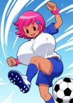  1girl alternate_breast_size_(larger) ball blue_shorts blue_socks breasts cleavage collar commentary_request covered_nipples dark-skinned_female dark_skin hair_ornament hairclip highres hitokiwa_kenchin huge_breasts kicking large_breasts mob_face pink_collar pink_hair rhythm_tengoku rhythm_tengoku_miracle_stars shirt shoes short_hair short_sleeves shorts sneakers soccer_ball soccer_uniform socks solo sora_(rhythm_tengoku) sportswear spread_cleavage white_shirt 