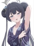  1girl arm_up armpit_focus armpits black_hair blue_archive braid braided_bun butterfly_hair_ornament butterfly_print_kimono commentary double_bun grey_eyes grey_halo hair_bun hair_ornament halo highres japanese_clothes kimono kisaki_(blue_archive) long_hair looking_at_viewer open_mouth ponono_desu presenting_own_armpit purple_kimono simple_background smile solo twintails upper_body white_background yukata 
